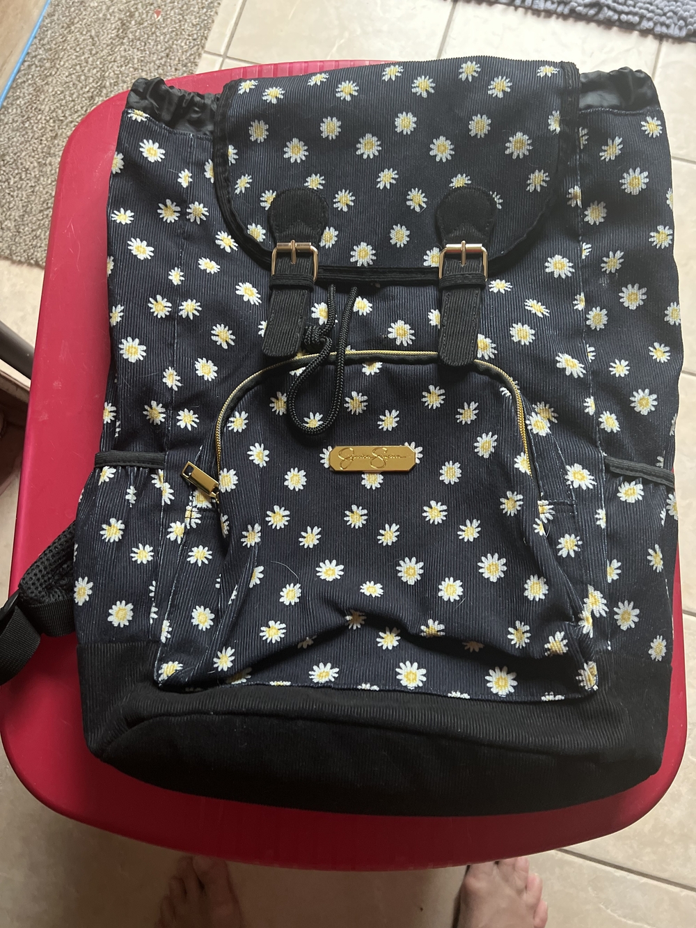 Jessica Simpson Black Daisy Print Backpack with White & Yellow Accents